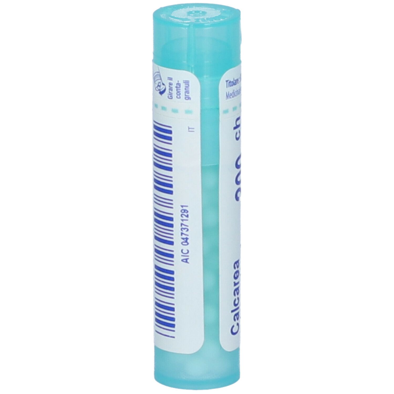 Tubo azzurro con scritte bianche e codice a barre. Scritta: Calcarea phosphorica 200 ch.