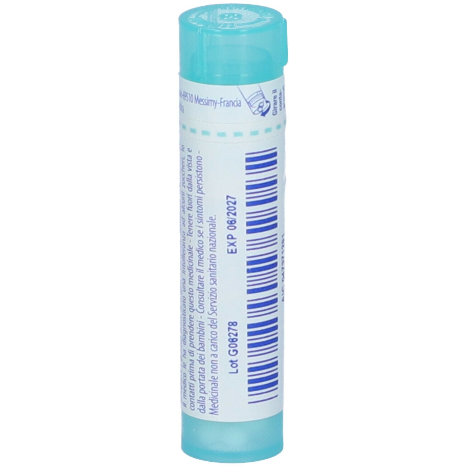 Tubo azzurro con scritte bianche. Scritta: EXP 06/2027, Lot G08278. Testo in italiano.