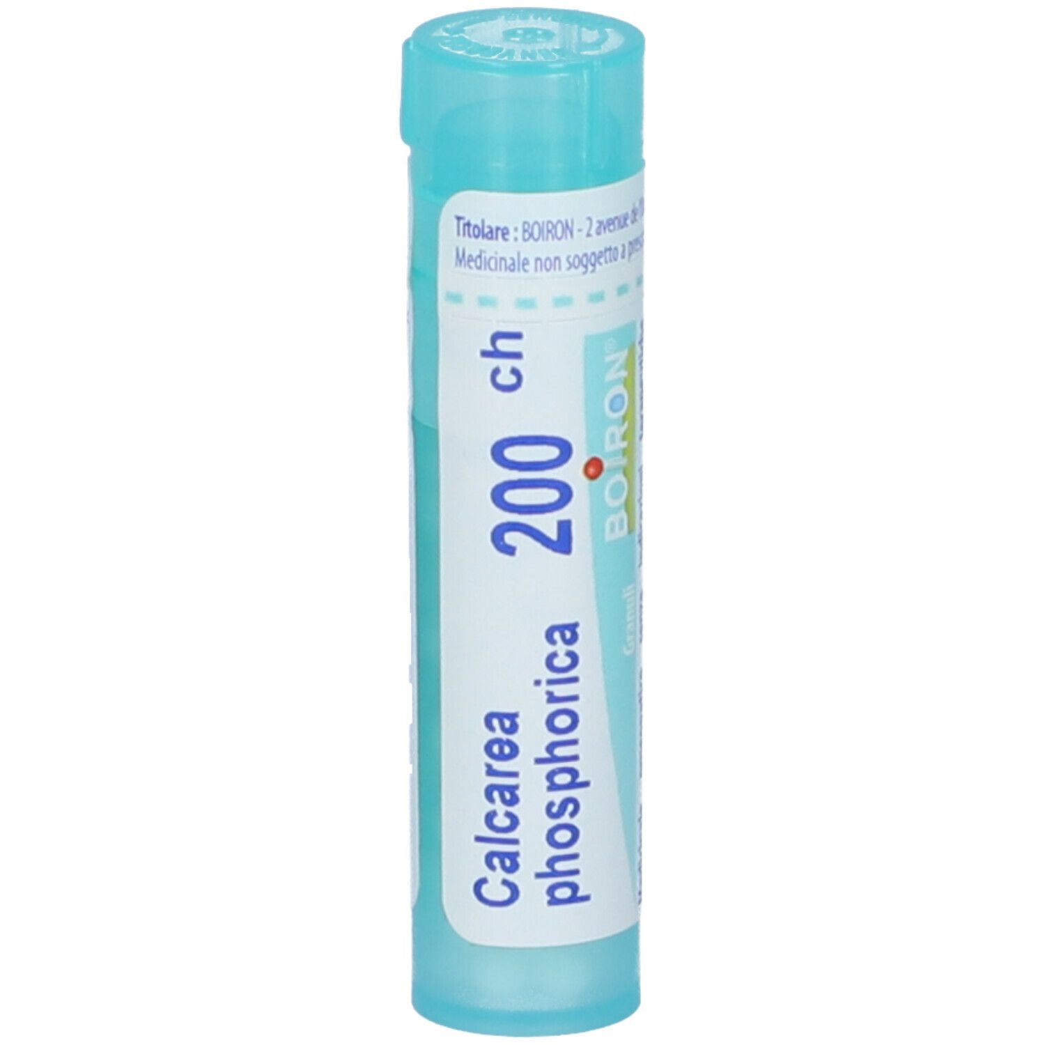 Tubo azzurro con scritte bianche. Scritta: Calcarea phosphorica 200 ch, BOIRON.