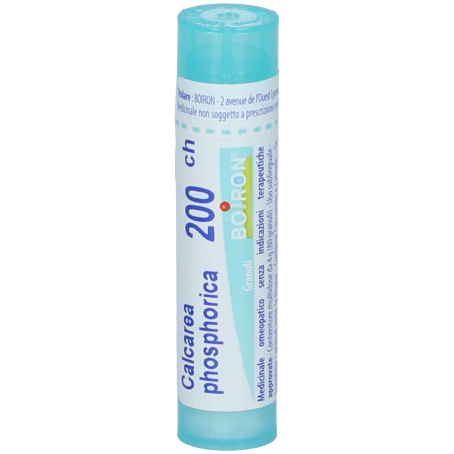 Tubo azzurro con scritte bianche. Scritta: Calcarea phosphorica 200 ch, BOIRON. Granuli.