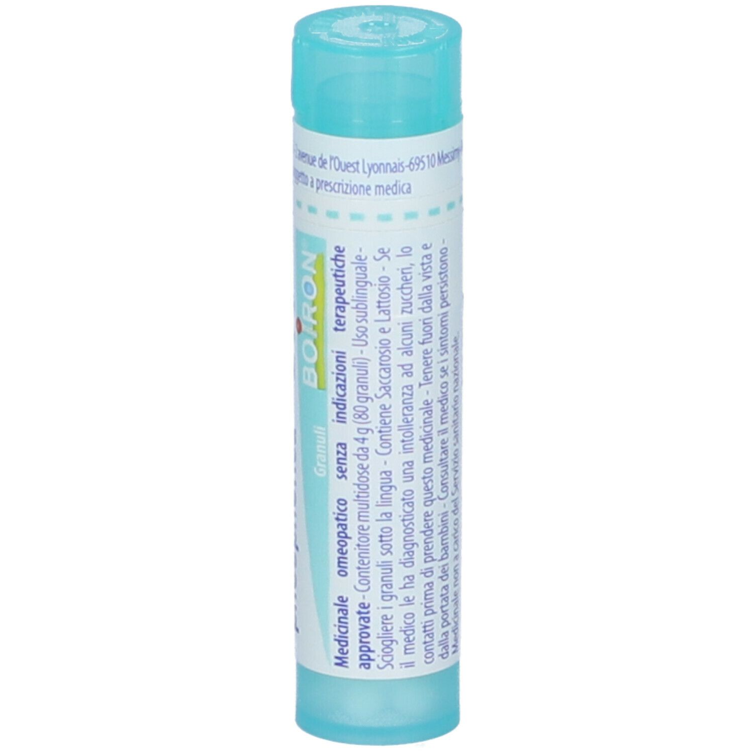 Tubo azzurro con scritte bianche. Scritta: BOIRON, Granuli, Indicazioni mediche.