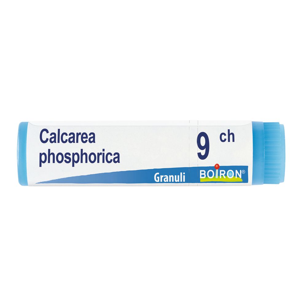 Confezione cilindrica con tappo blu. Scritta: Calcarea phosphorica 9 ch, Granuli, BOIRON.
