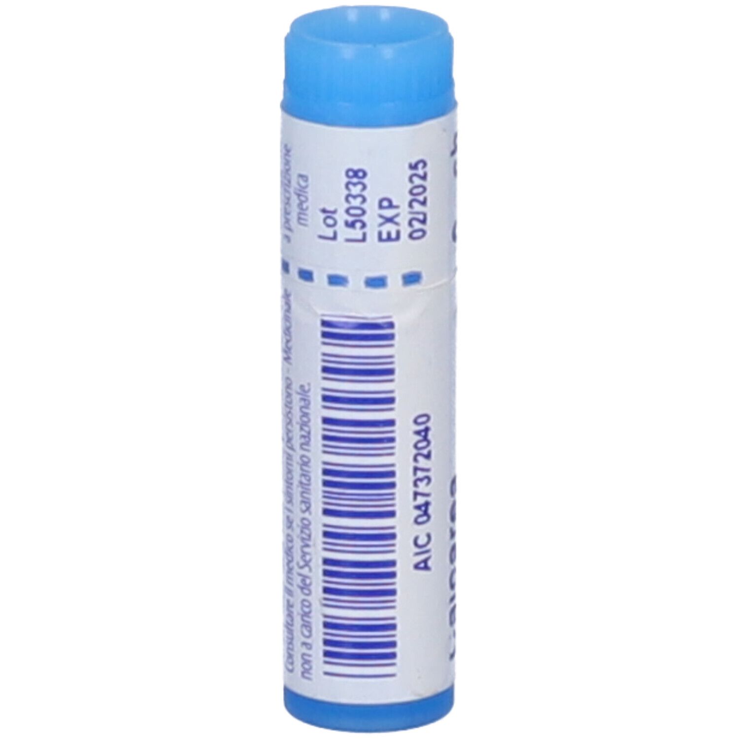 Confezione cilindrica con tappo blu. Scritta: Calcarea phosphorica 9 ch, scadenza 02/2025, codice a barre.