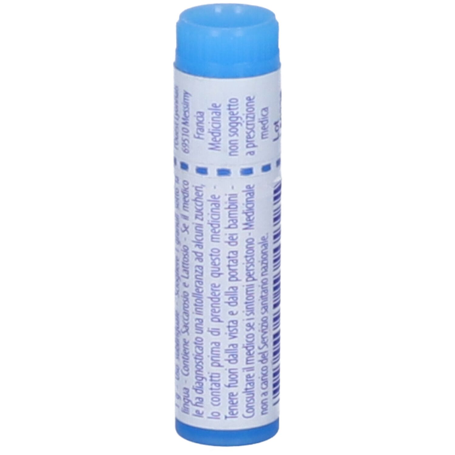 Confezione cilindrica con tappo blu. Scritta: Calcarea phosphorica 9 ch, informazioni mediche.