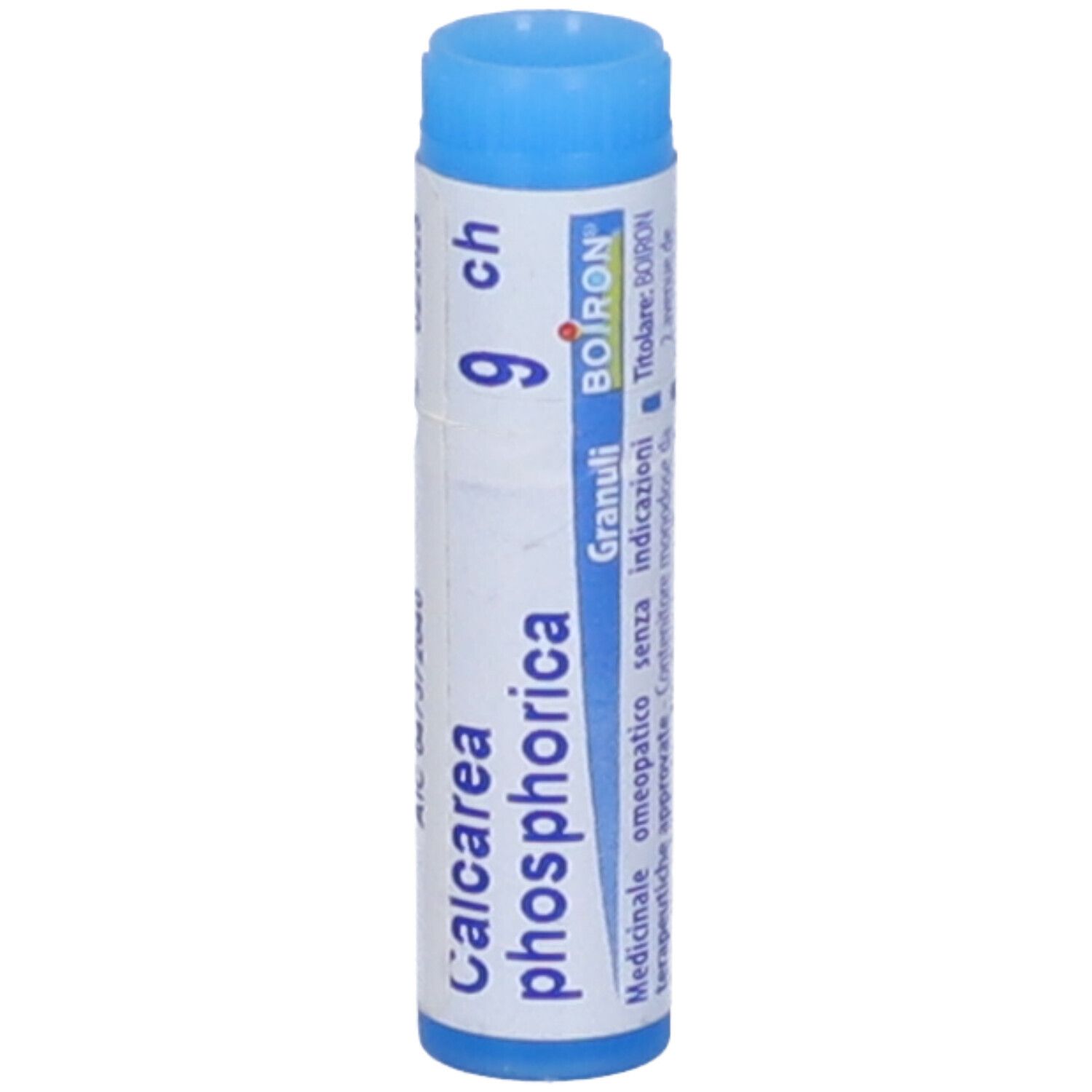 Confezione cilindrica con tappo blu. Scritta: Calcarea phosphorica 9 ch, BOIRON, Granuli.