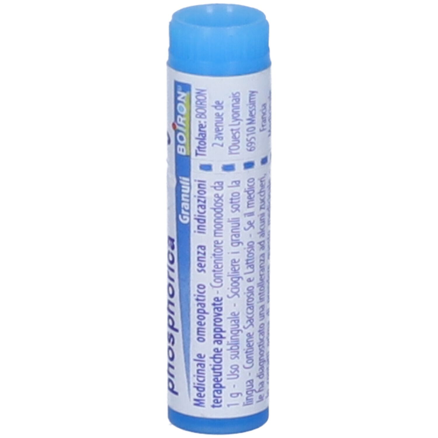 Confezione cilindrica con tappo blu. Scritta: Calcarea phosphorica 9 ch, BOIRON, Granuli, informazioni mediche.