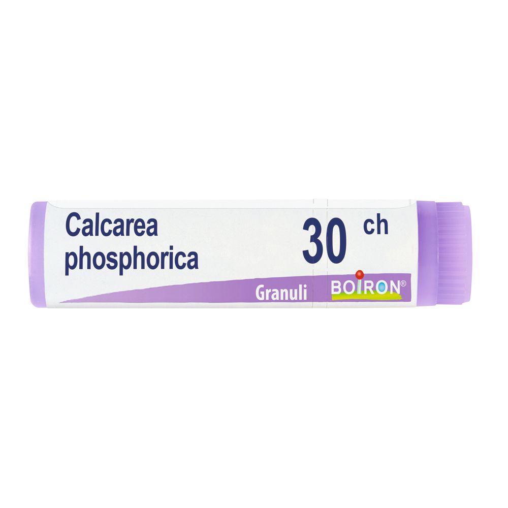 Confezione cilindrica con "Calcarea phosphorica 30 ch" e logo BOIRON. Tappo viola.