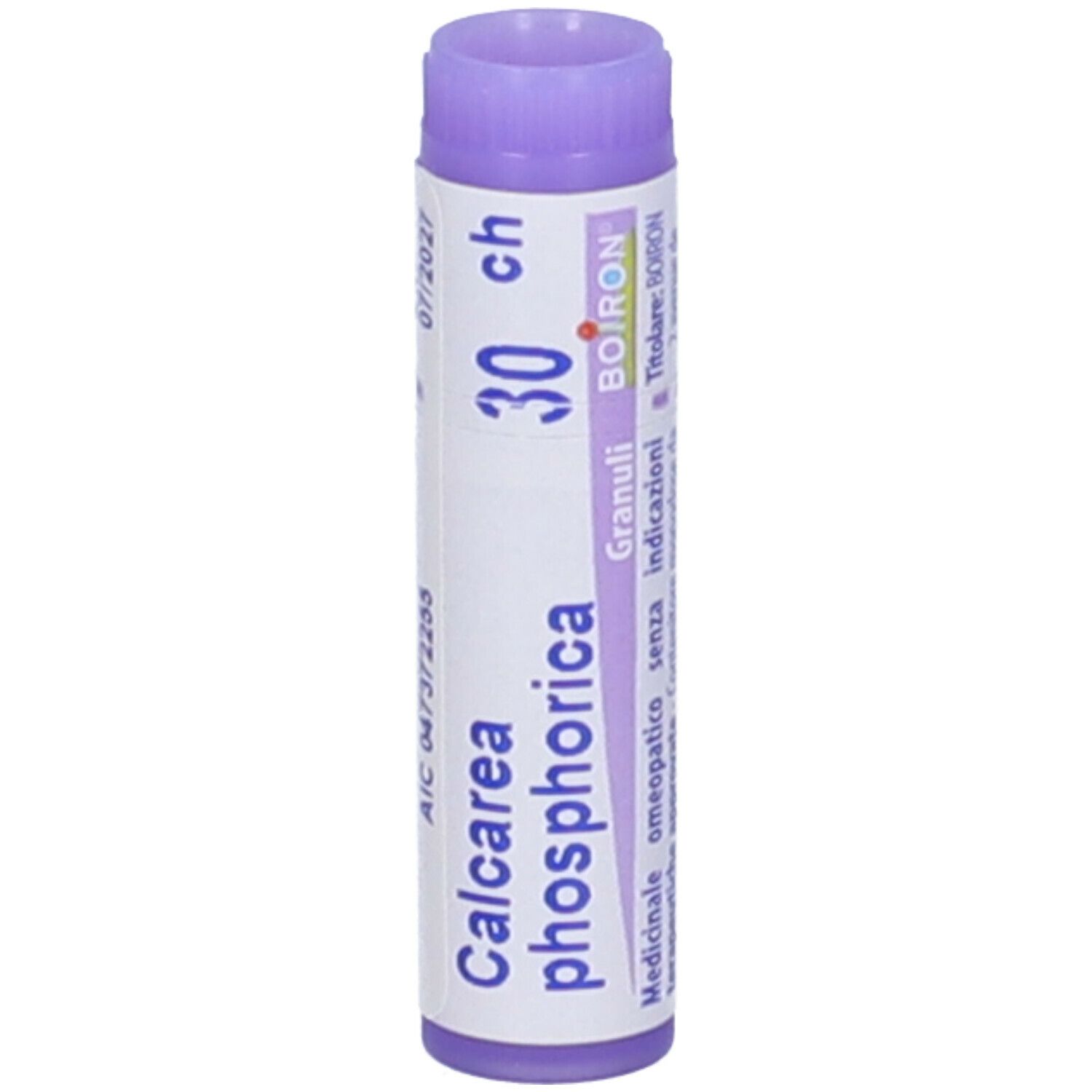 Confezione cilindrica "Calcarea phosphorica 30 ch". Logo BOIRON. Tappo viola. Stampa: 07/2021.