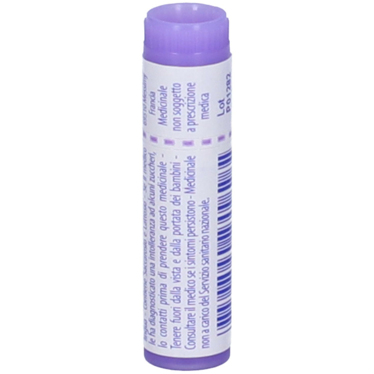 Confezione cilindrica con testo. Tappo viola. Stampa: Non soggetto a prescrizione. Medicinale.