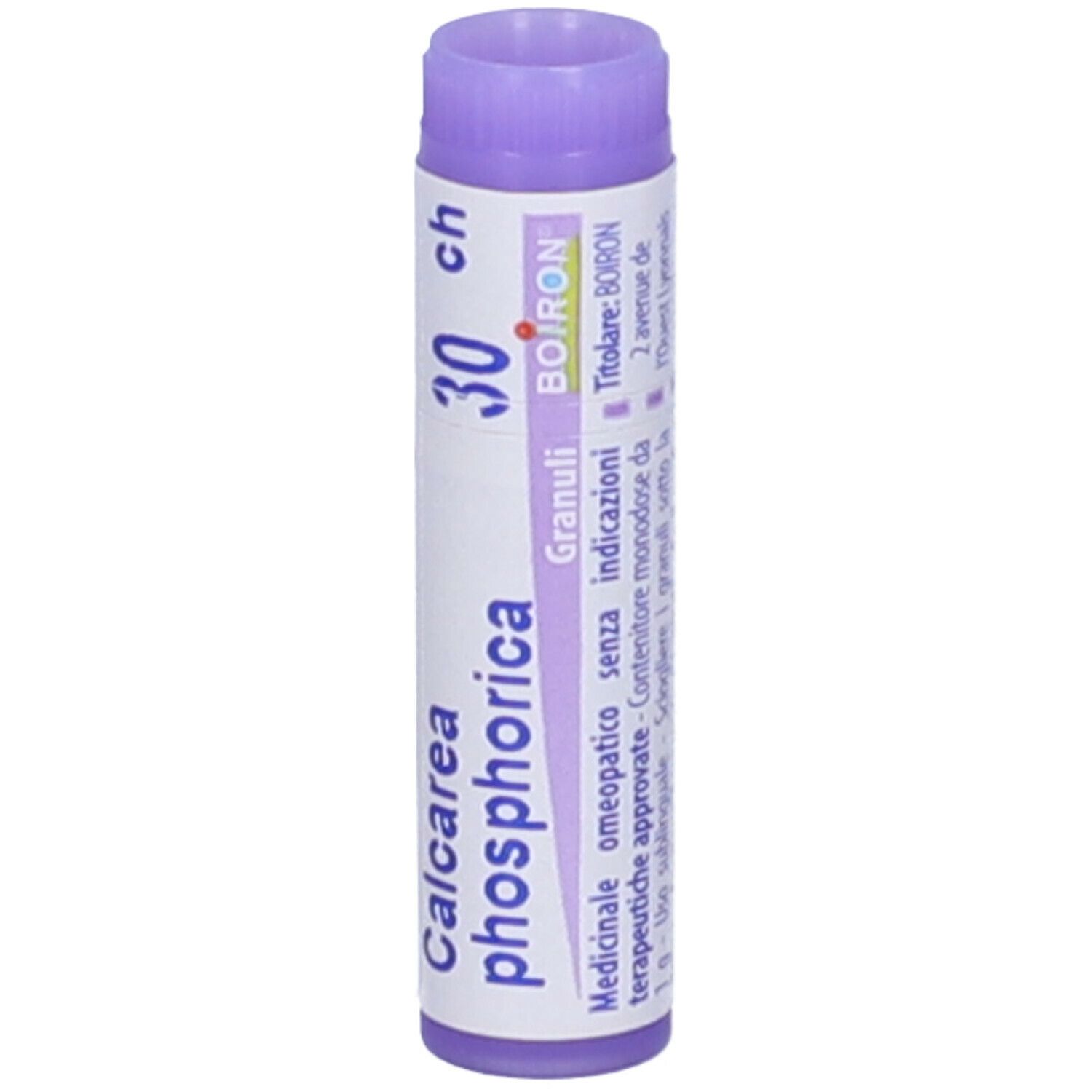Confezione cilindrica "Calcarea phosphorica 30 ch". Logo BOIRON. Tappo viola. Testo.