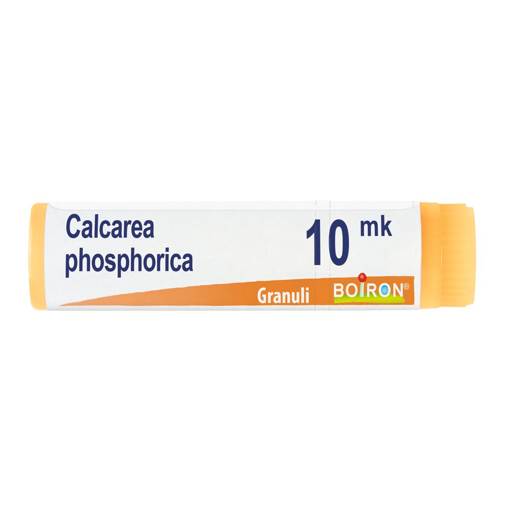 Confezione cilindrica bianca e arancione. Scritta: Calcarea phosphorica 10 mk, Granuli, Boiron. Contenitore monodose.