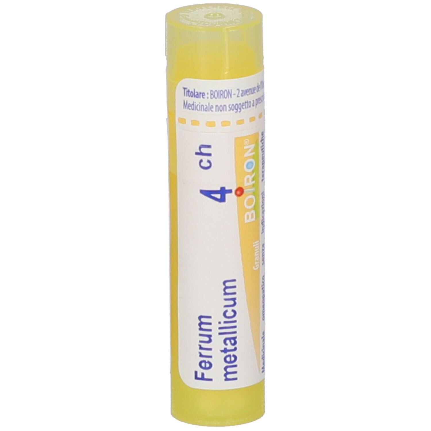 Tubo giallo con etichetta bianca. Scritta: Ferrum metallicum 4 ch, BOIRON. Vista verticale.