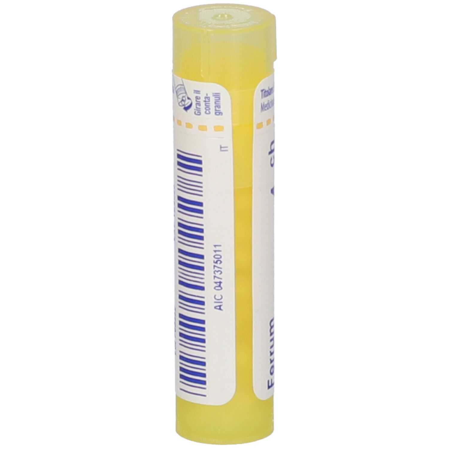 Tubo giallo con etichetta bianca. Scritta: Ferrum metallicum, 4 ch. Strisce verticali blu e bianche.