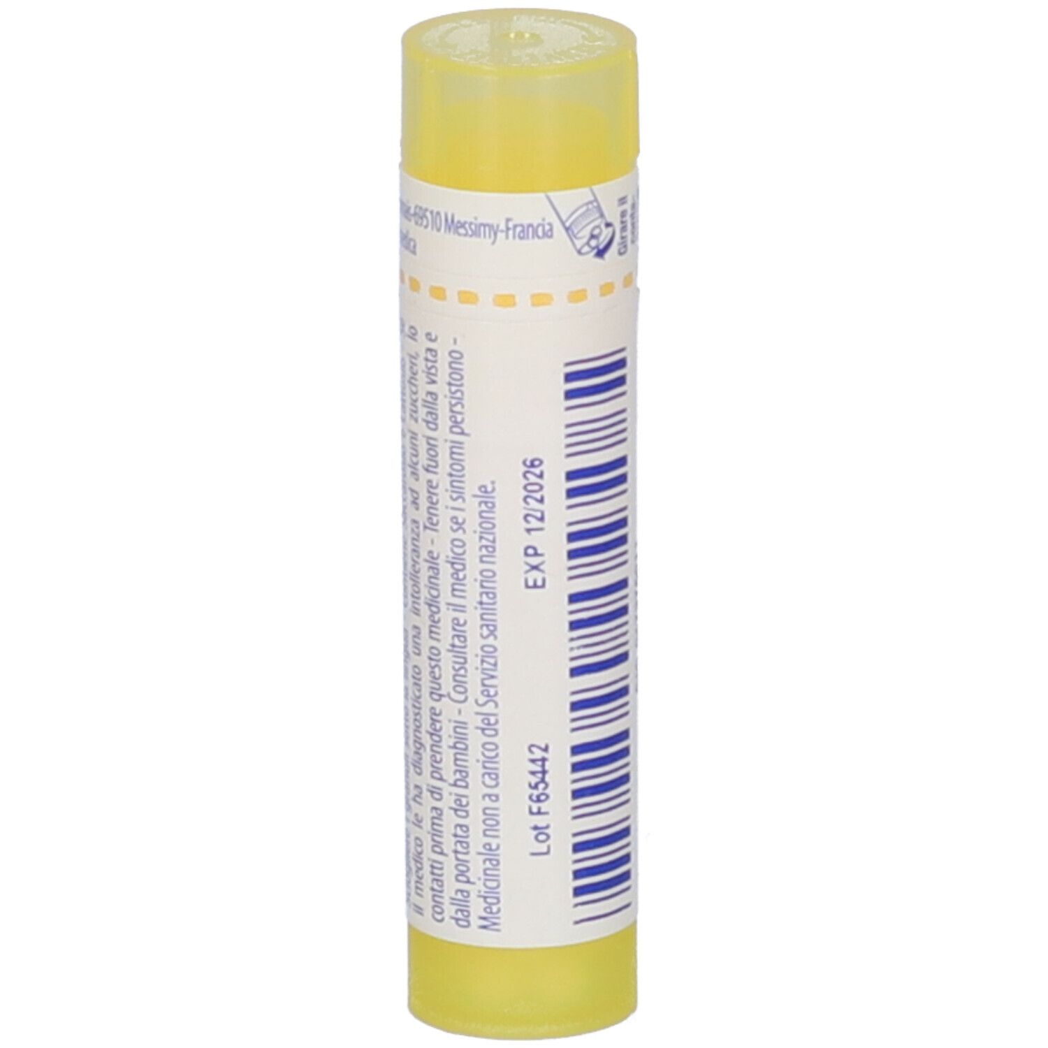 Tubo giallo con etichetta bianca. Scritta: EXP 12/2026. Testo in francese. Numero di lotto F65442.
