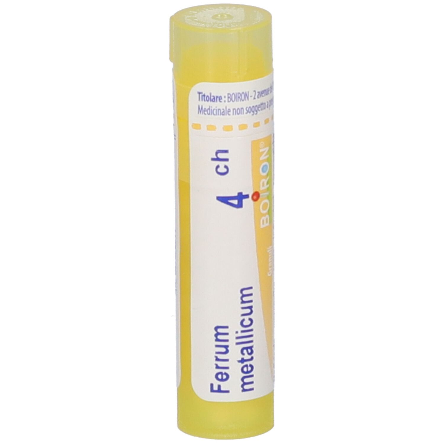 Tubo giallo con etichetta bianca. Scritta: Ferrum metallicum 4 ch, BOIRON. Vista verticale.