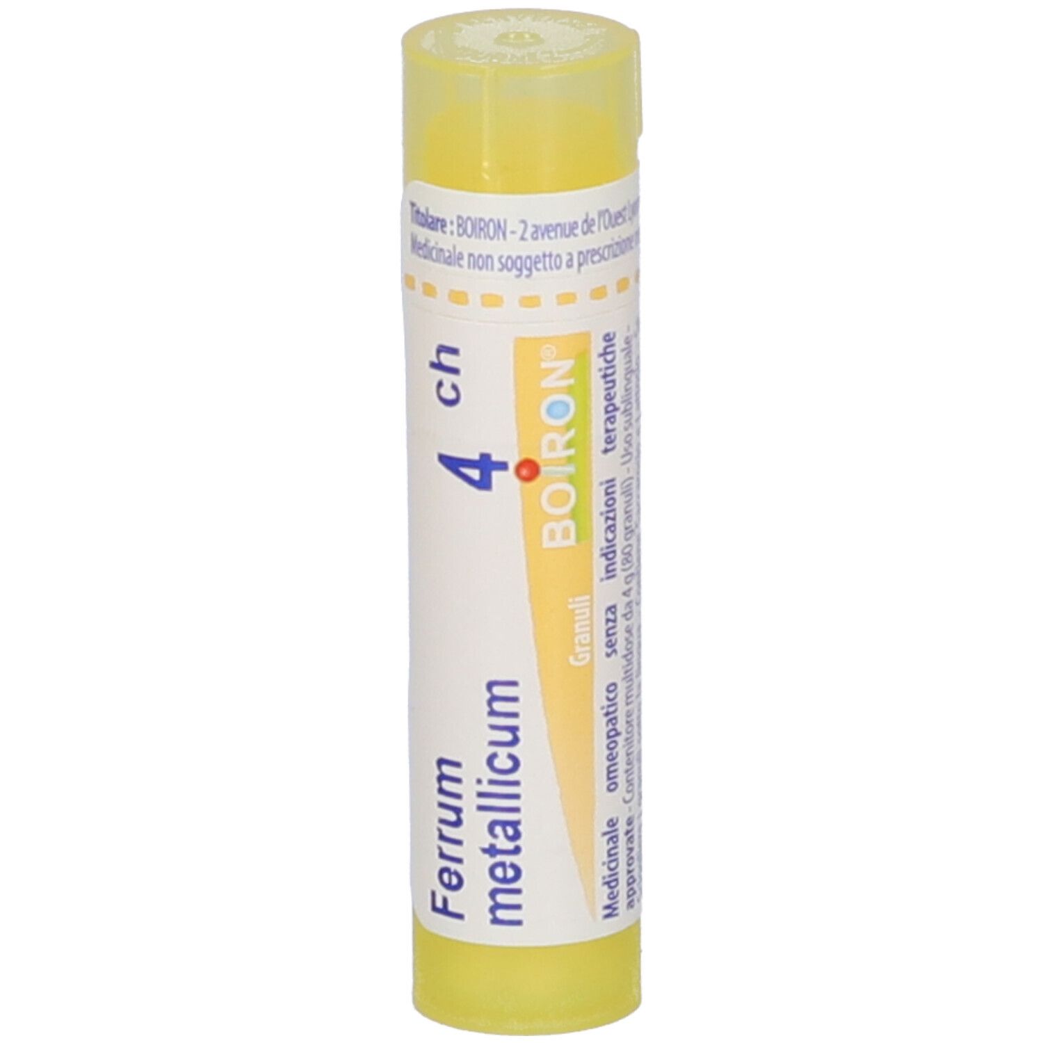 Tubo giallo con etichetta bianca. Scritta: Ferrum metallicum 4 ch, BOIRON. Informazioni aggiuntive.