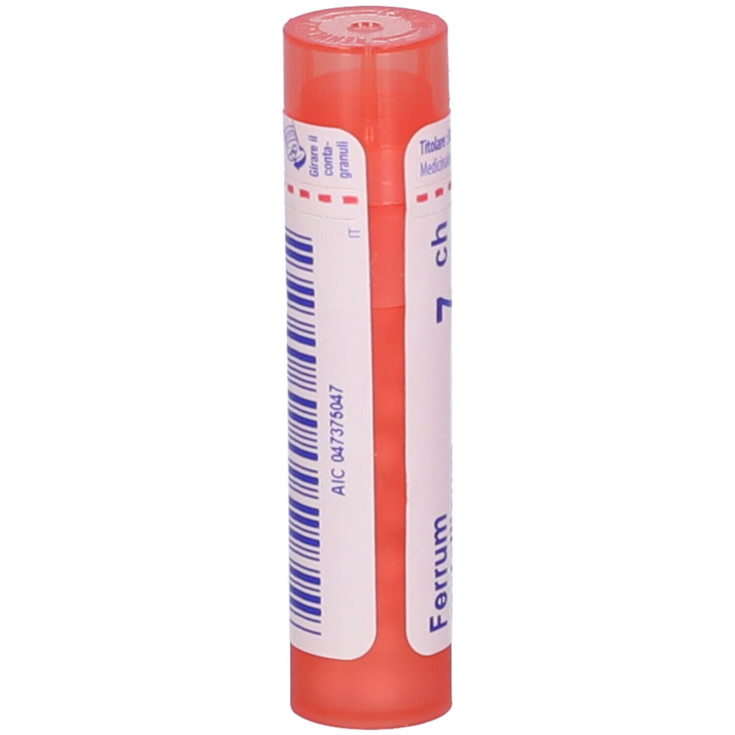 Confezione cilindrica con tappo rosso. Scritta: Ferrum, 7 ch. Codice a barre e altre informazioni.