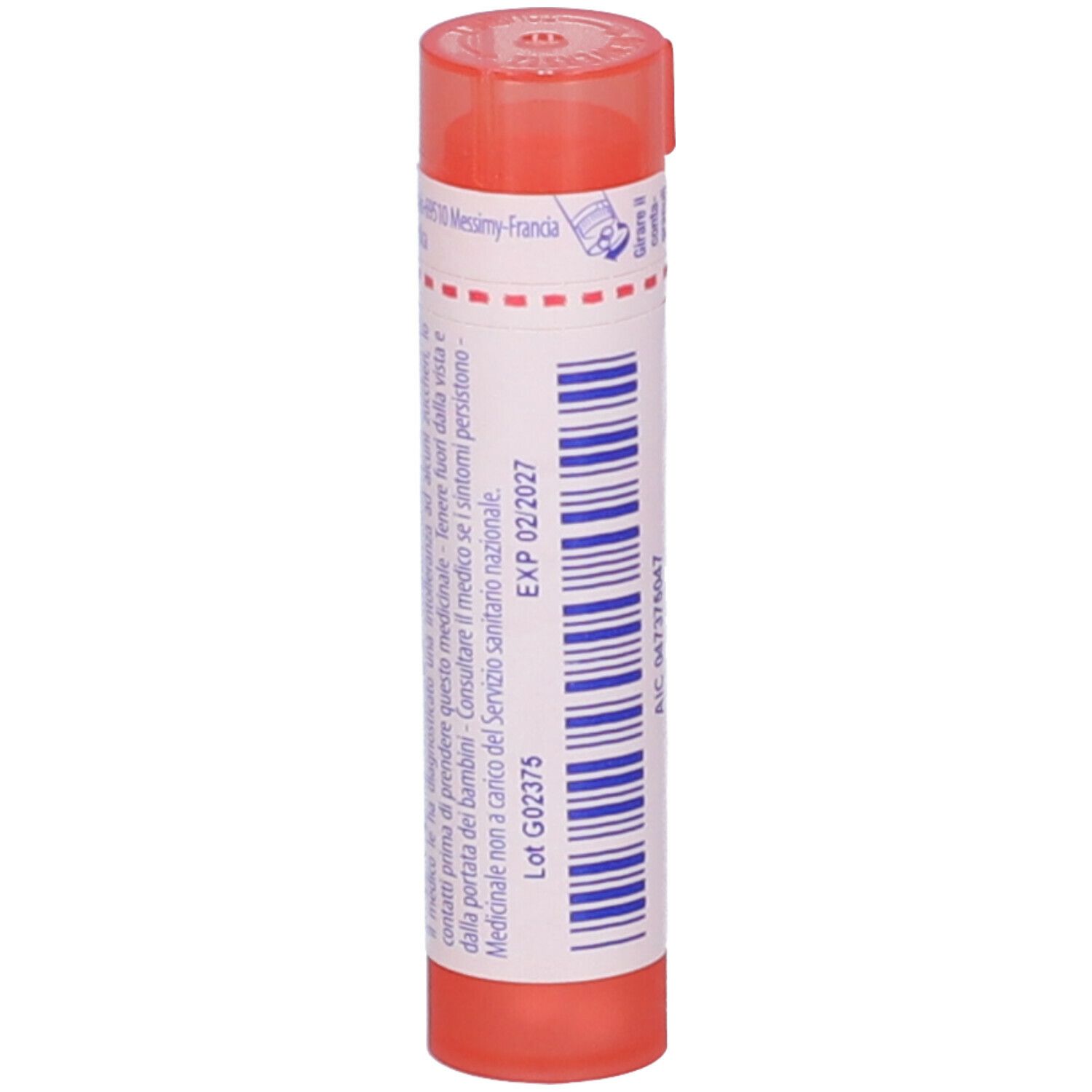 Confezione cilindrica con tappo rosso. Scritta: Ferrum, 7 ch. Codice a barre e data di scadenza.