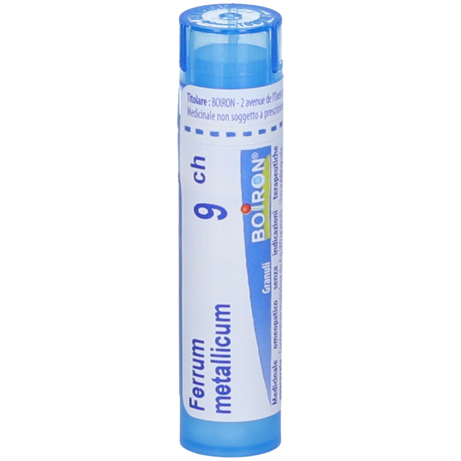 Confezione cilindrica blu. Scritta: Ferrum metallicum 9 ch, BOIRON.