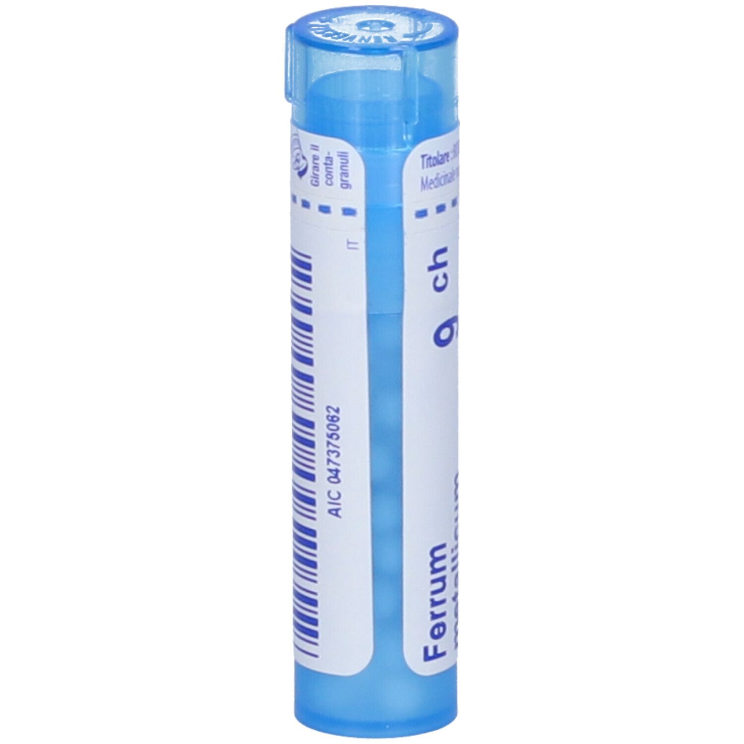 Confezione cilindrica blu. Scritta: Ferrum, 9 ch. Con codice a barre e codice AIC.