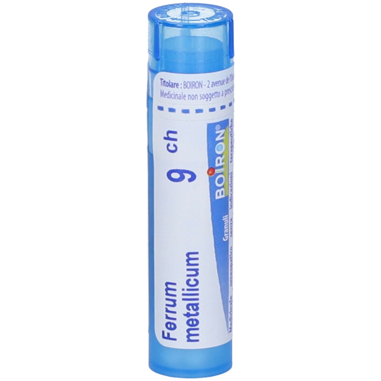Confezione cilindrica blu. Scritta: Ferrum metallicum 9 ch, BOIRON.