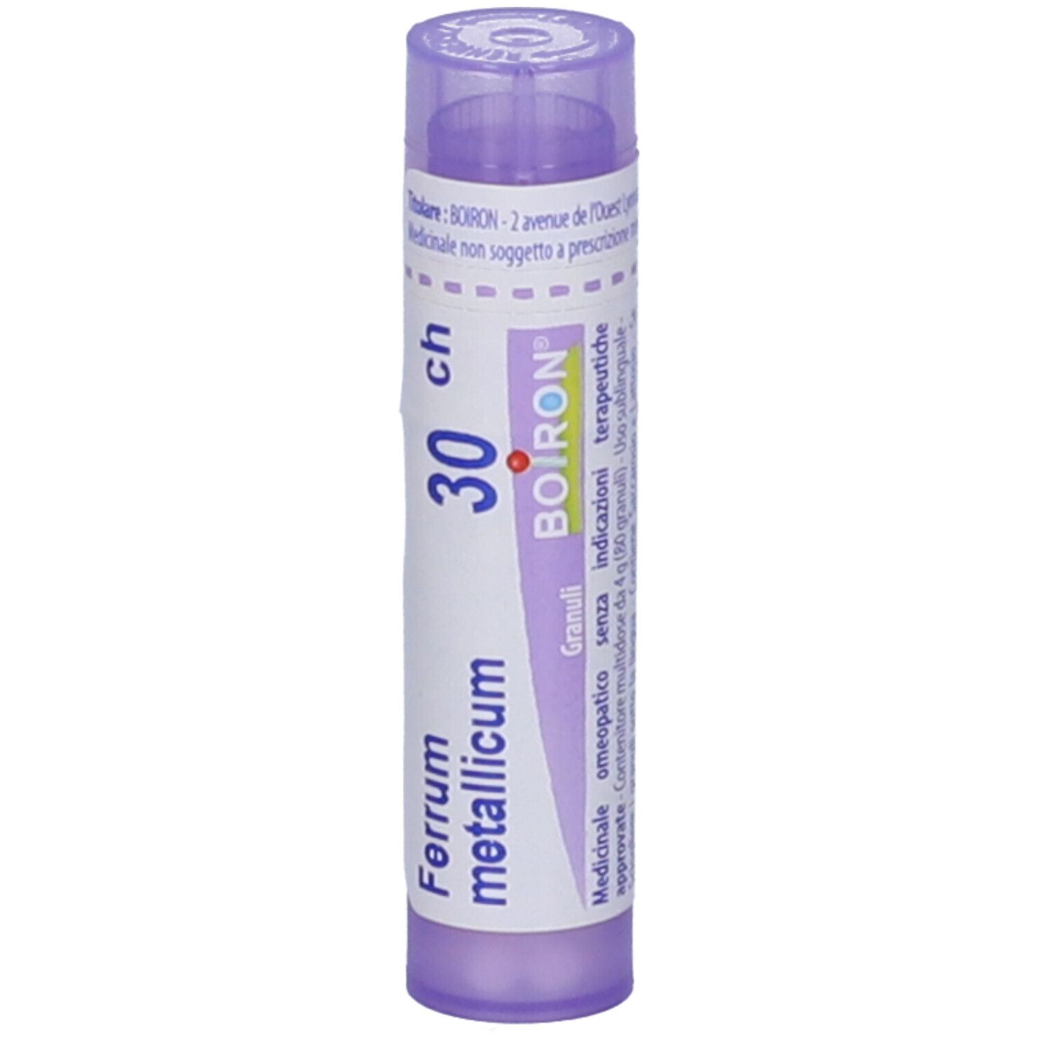 Flacone viola con etichetta bianca. Scritta: Ferrum metallicum, 30 ch, BOIRON. Granuli. Scritta: omeopat.