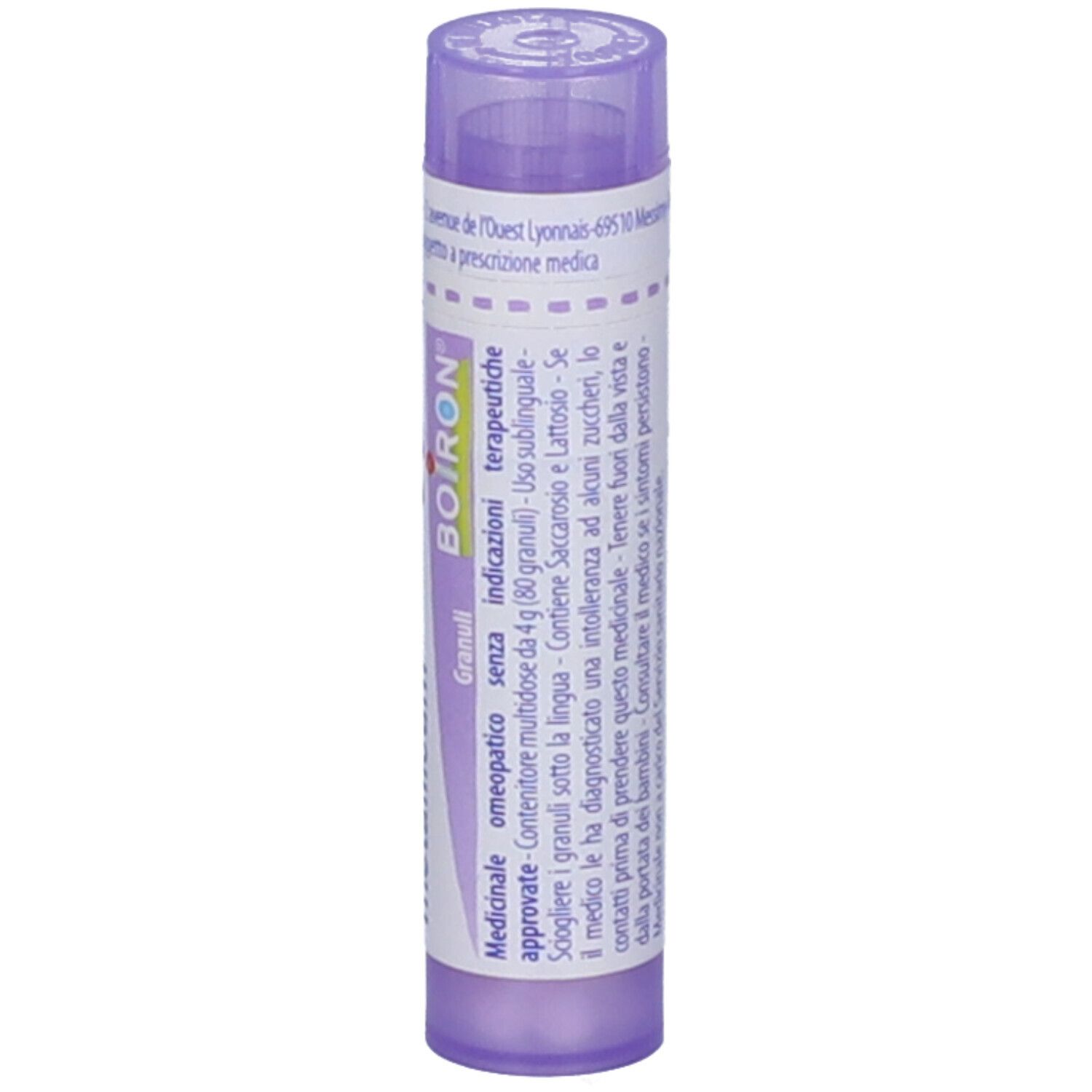 Flacone viola con etichetta bianca. Scritta: Ferrum metallicum, 30 ch, BOIRON. Granuli. Testo sugli ingredienti.