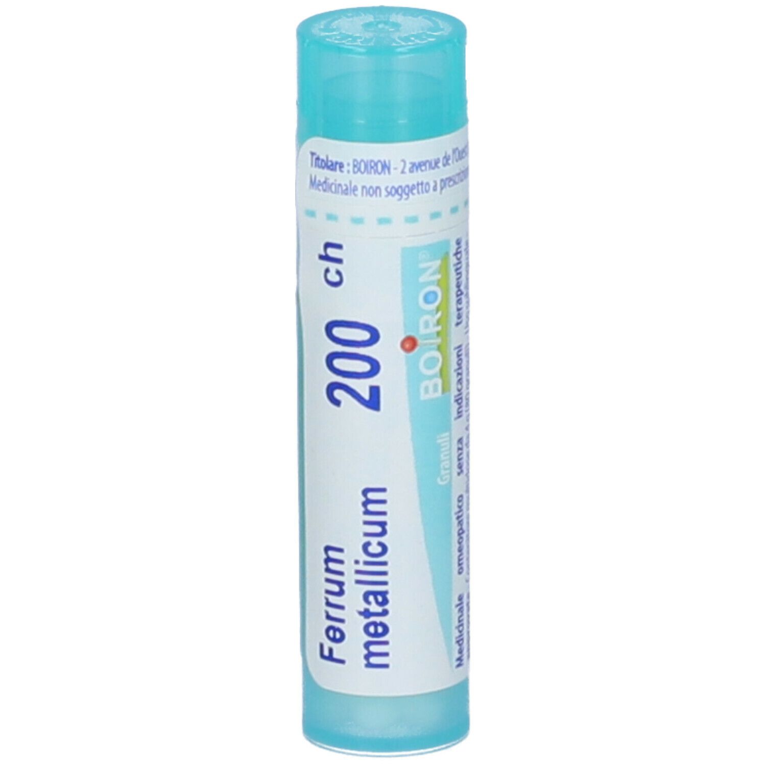 Confezione cilindrica blu e bianca. Scritta: Ferrum metallicum 200 ch, BOIRON. Granuli. Tappo blu.