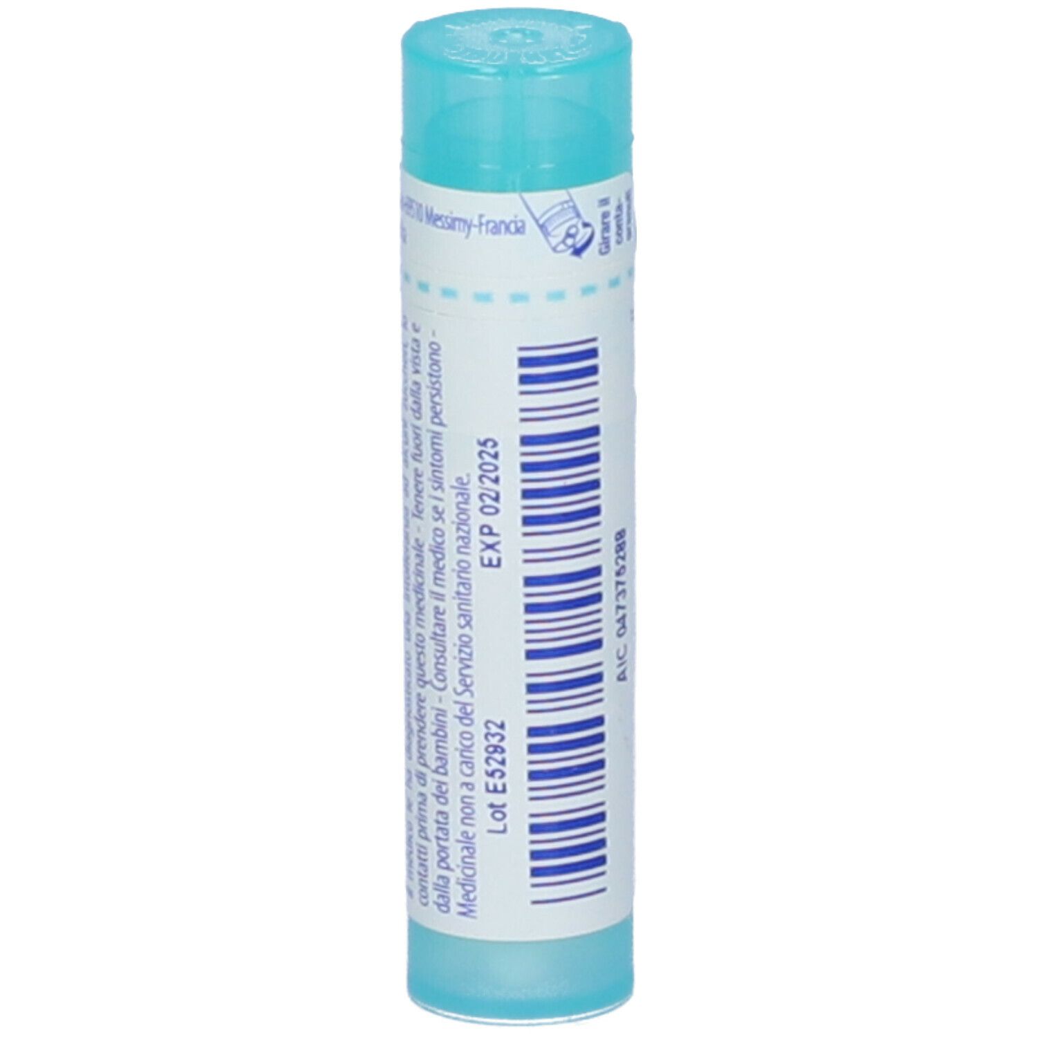 Confezione cilindrica blu e bianca. Scritta: Ferrum metallicum 200 ch, BOIRON. Granuli. Tappo blu.