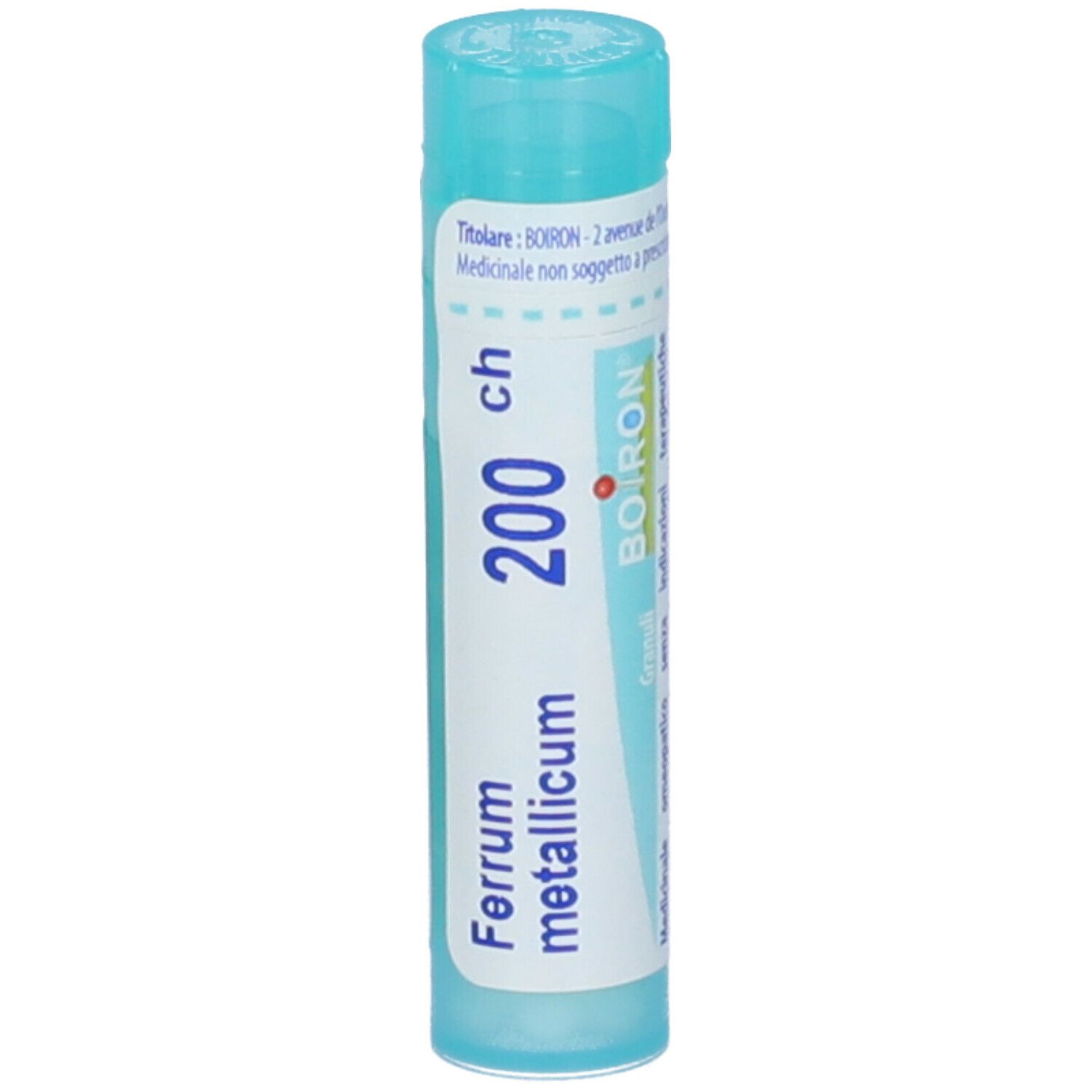 Confezione cilindrica blu e bianca. Scritta: Ferrum metallicum 200 ch, BOIRON. Granuli. Tappo blu.
