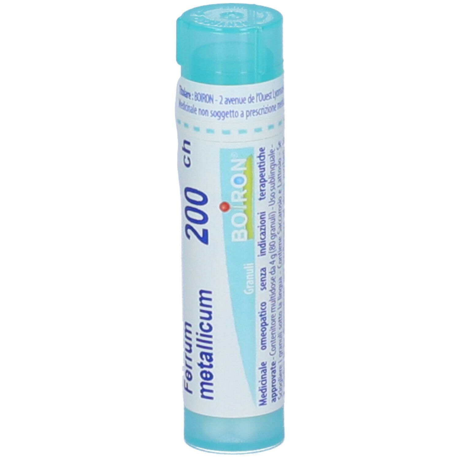 Confezione cilindrica blu e bianca. Scritta: Ferrum metallicum 200 ch, BOIRON. Granuli. Tappo blu.