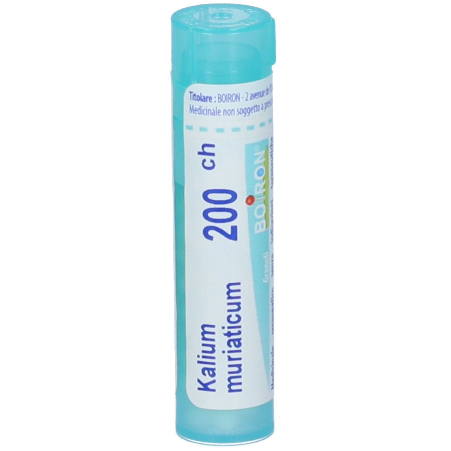 Confezione cilindrica con 'Kalium muriaticum 200 ch' e 'BOIRON'. Colori turchese e bianco. Vista verticale.