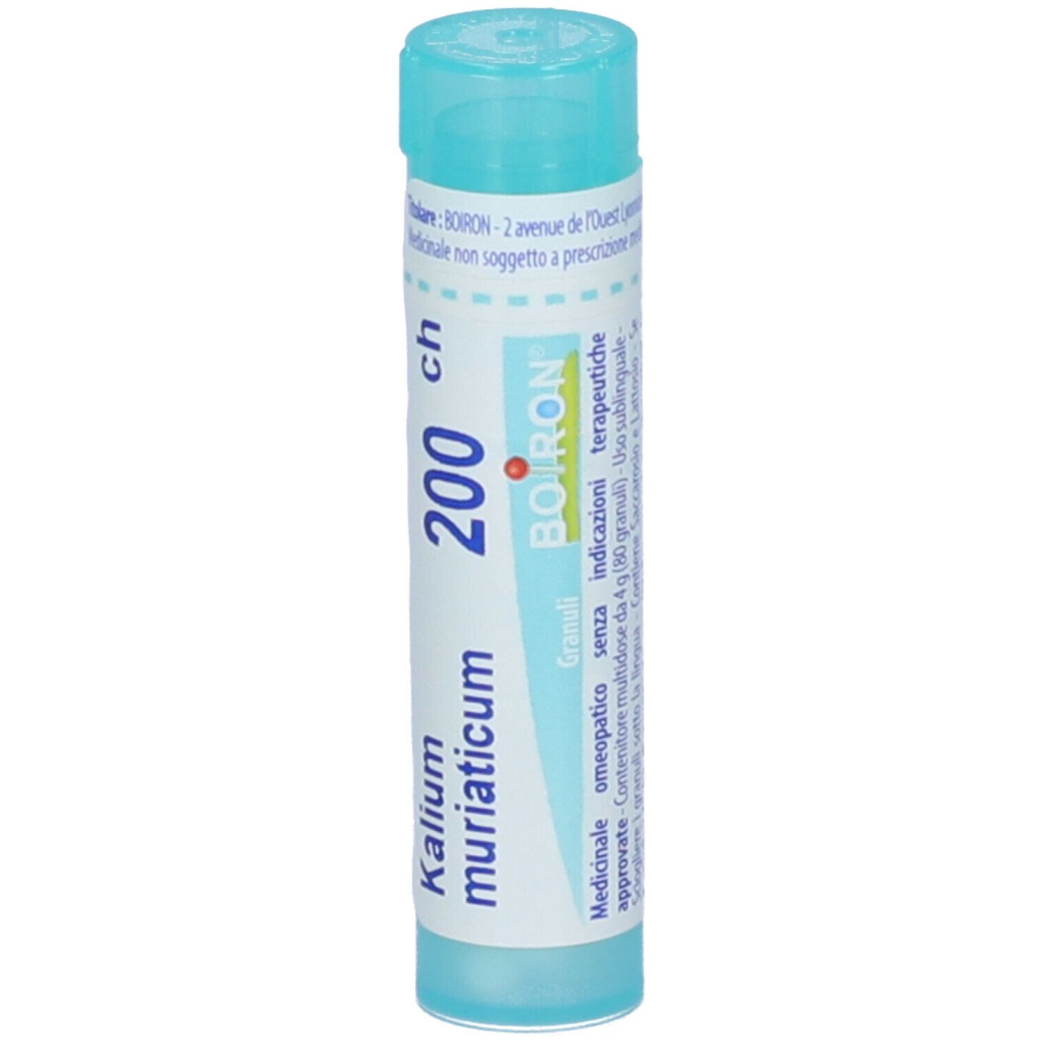 Confezione cilindrica con 'Kalium muriaticum 200 ch' e 'BOIRON'. Colori turchese e bianco. Vista verticale.