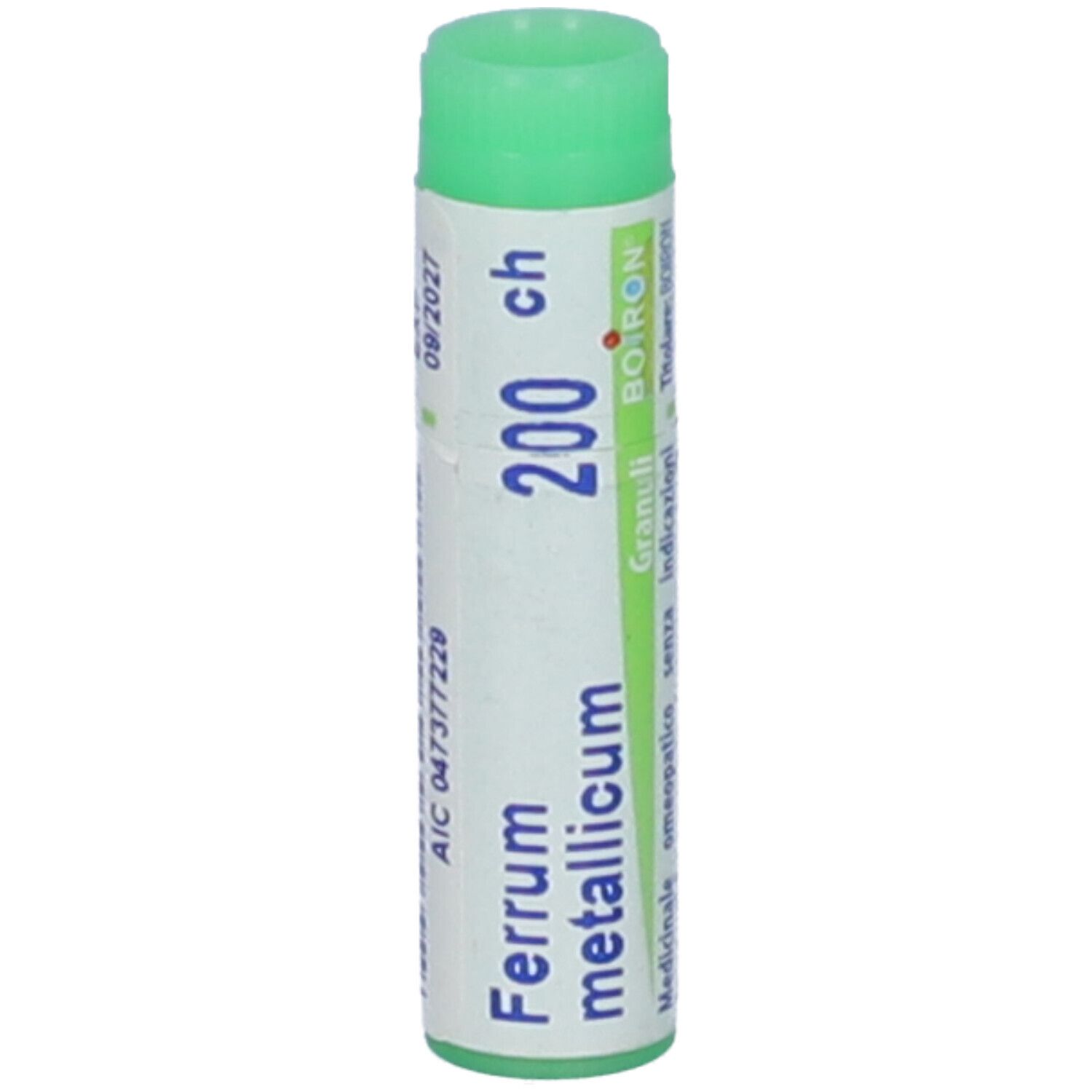 Confezione cilindrica con tappo verde. Scritta: Ferrum metallicum, 200 ch, BOIRON. Scadenza 09/2027.