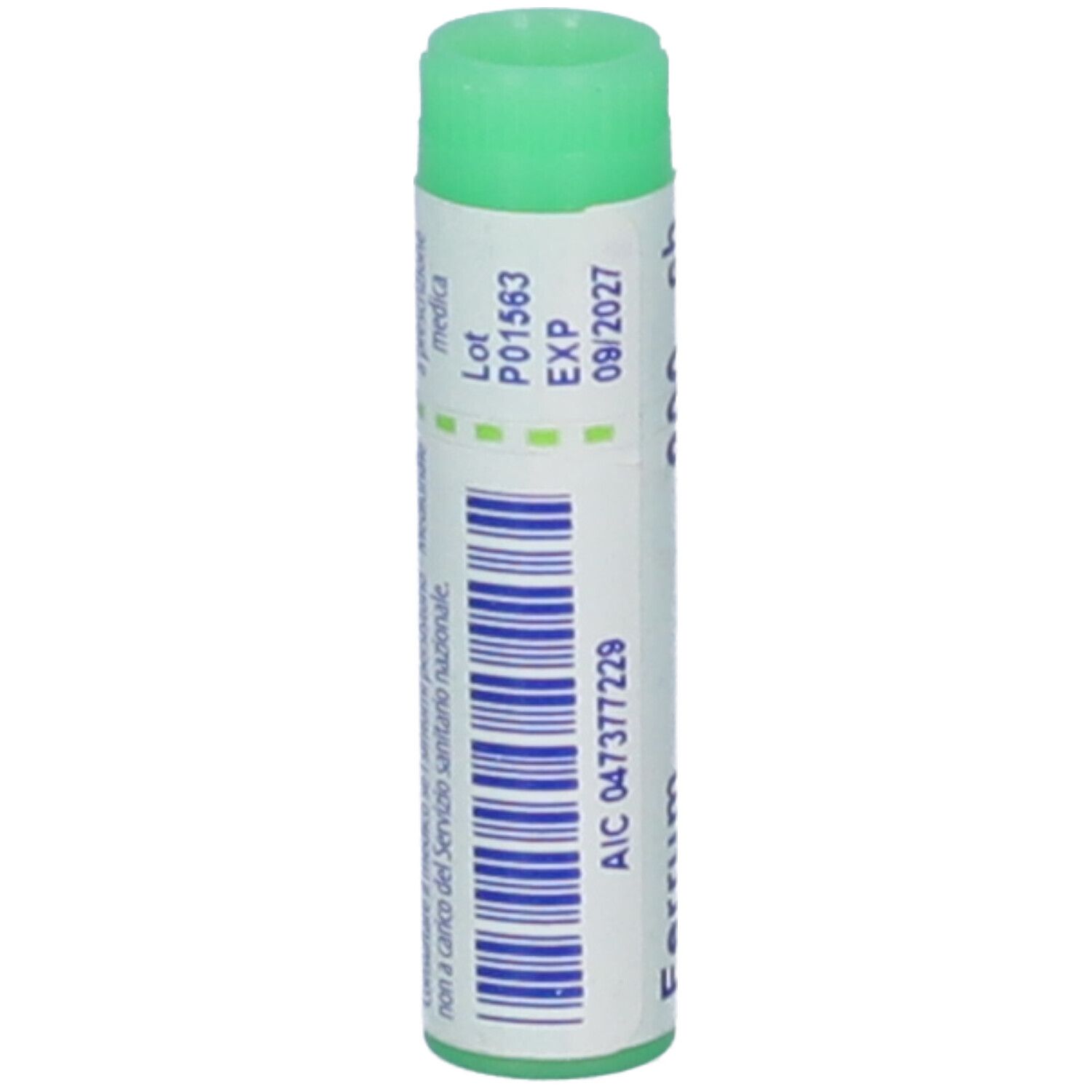 Confezione cilindrica con tappo verde. Scritta: Ferrum metallicum, 200 ch, BOIRON. Scadenza 09/2027. Codice a barre.