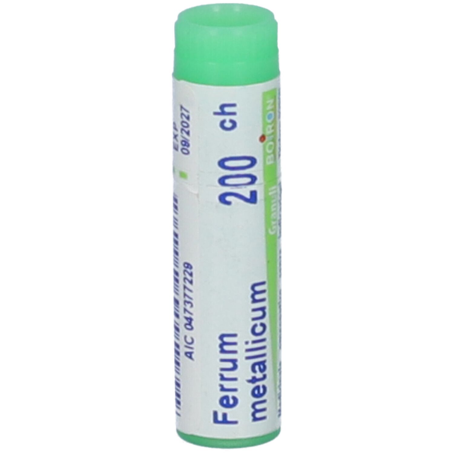 Confezione cilindrica con tappo verde. Scritta: Ferrum metallicum, 200 ch, BOIRON. Scadenza 09/2027.