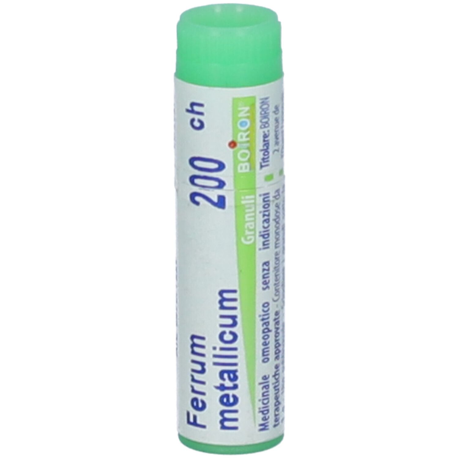 Confezione cilindrica con tappo verde. Scritta: Ferrum metallicum, 200 ch, BOIRON.
