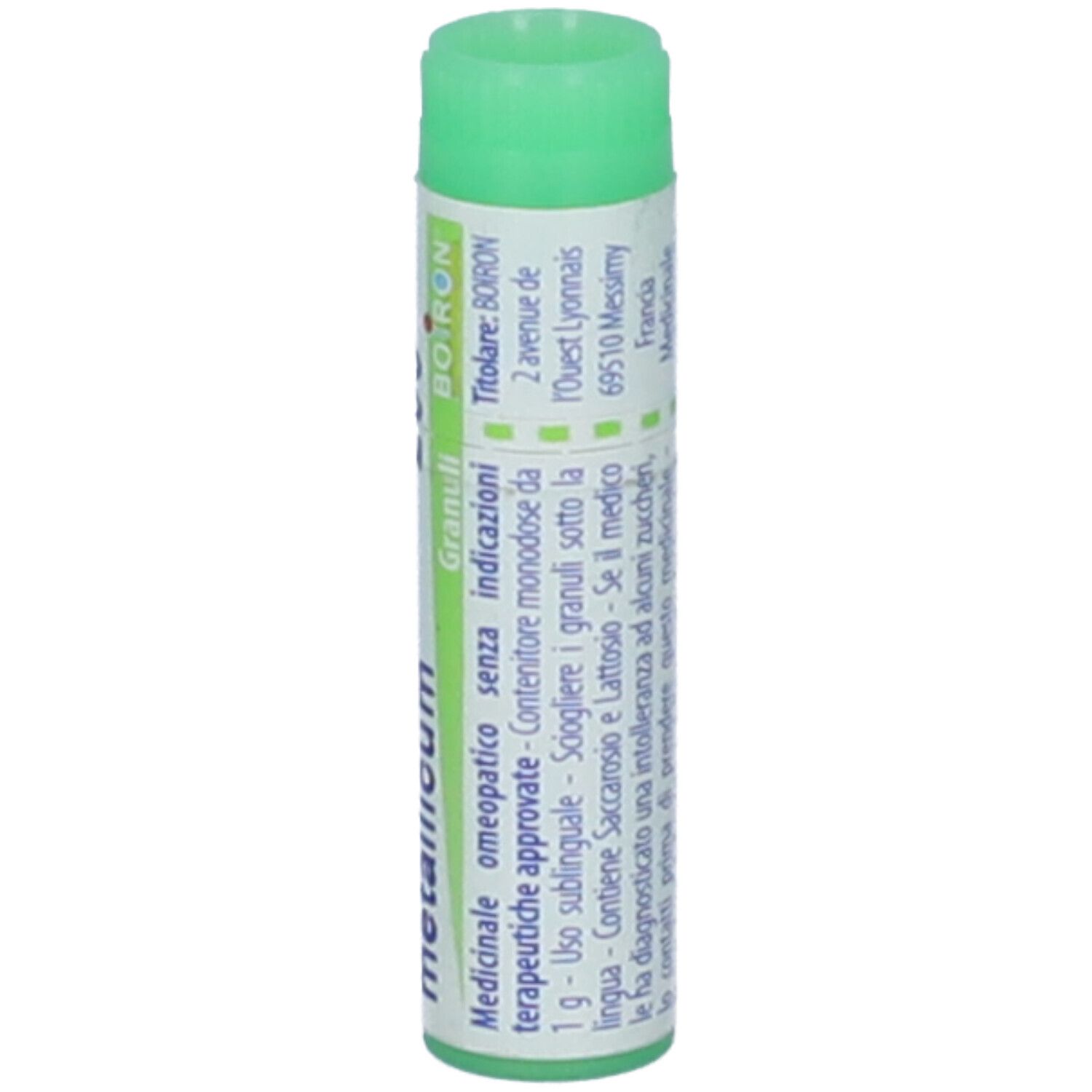 Confezione cilindrica con tappo verde. Scritta: Ferrum metallicum, 200 ch, BOIRON.