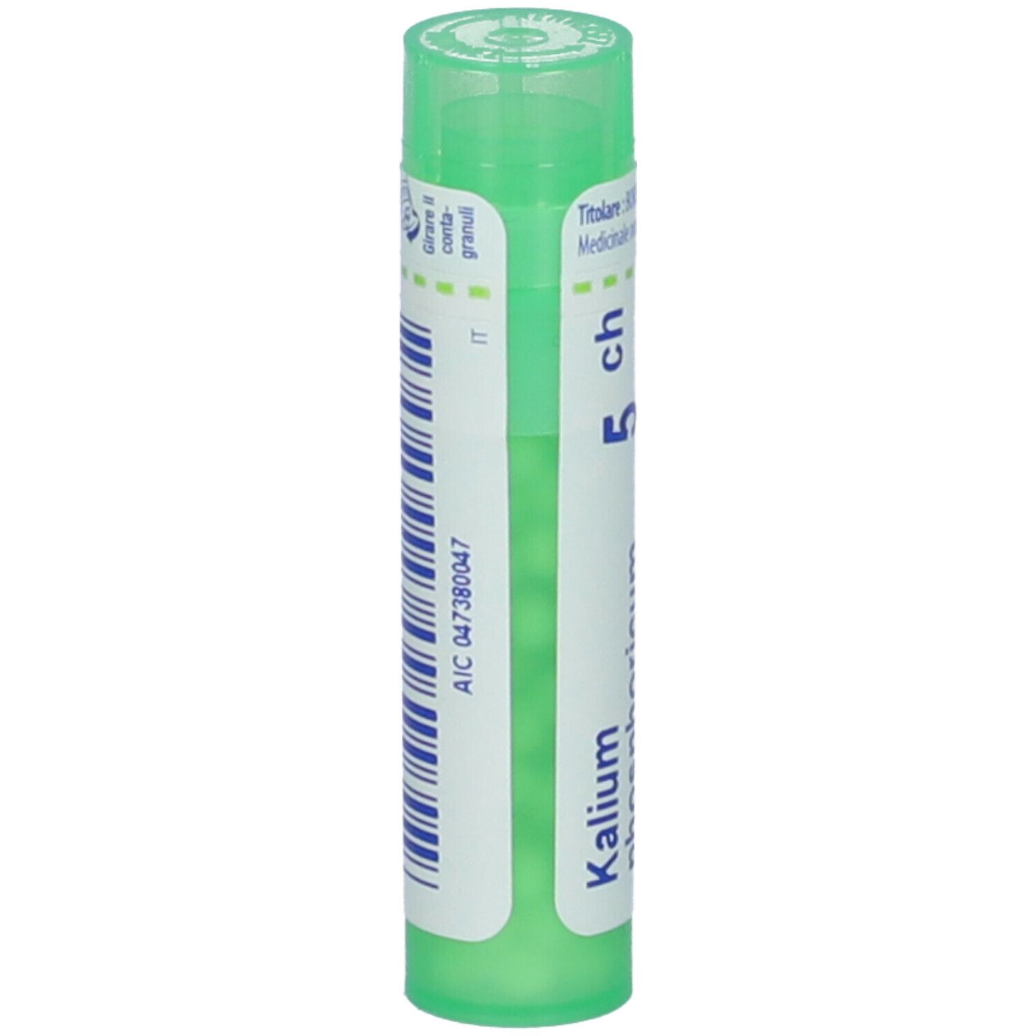Tubo verde con testo bianco e codice a barre. Kalium phosphoricum 5 ch. Scritta: IT. Vista verticale.