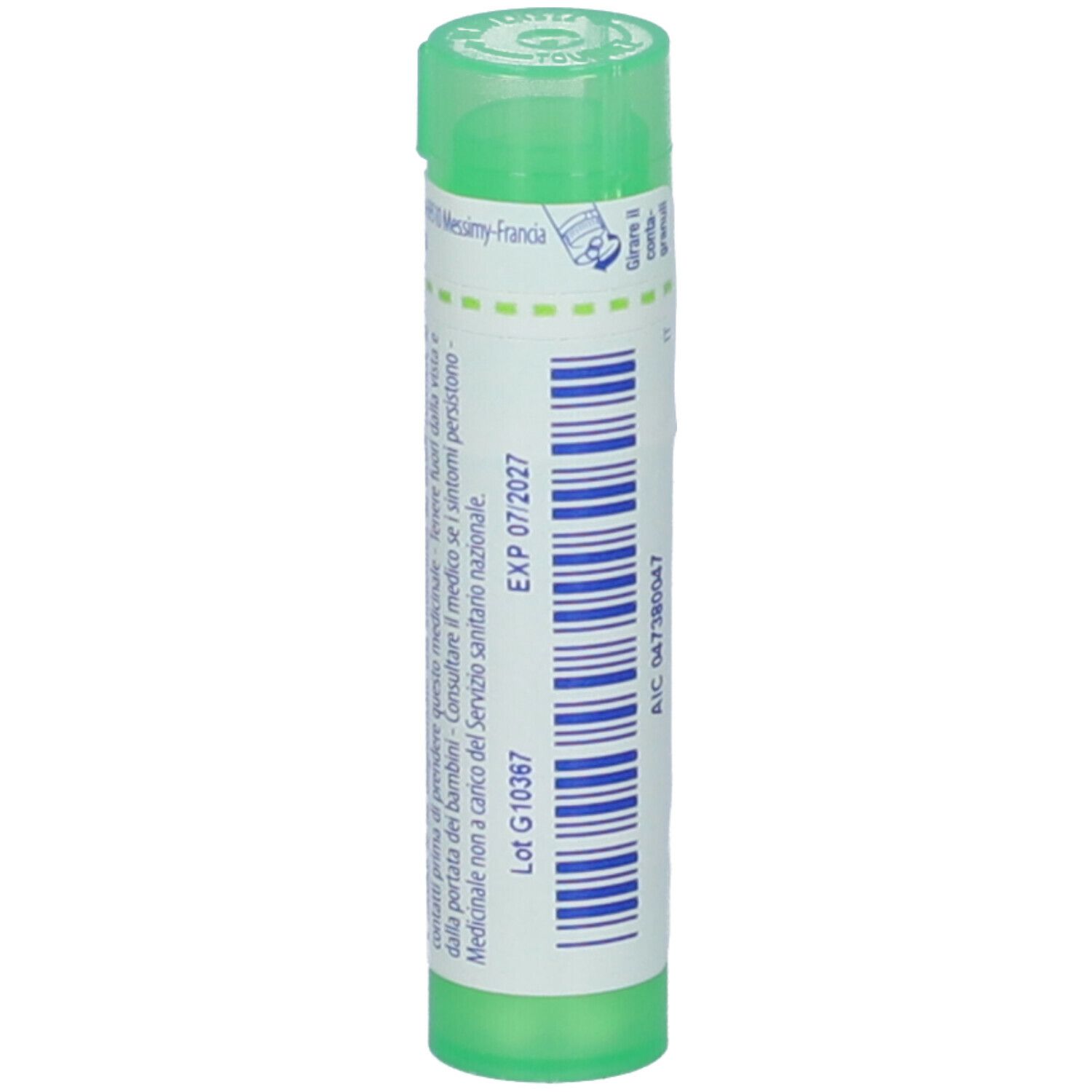 Tubo verde con testo bianco. Kalium phosphoricum 5 ch. Scritta: EXP 07/2027. Vista verticale.