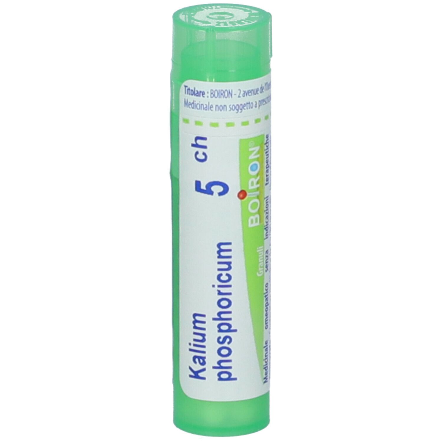 Tubo verde con scritta bianca: Kalium phosphoricum 5 ch, BOIRON. Granuli. Vista verticale.