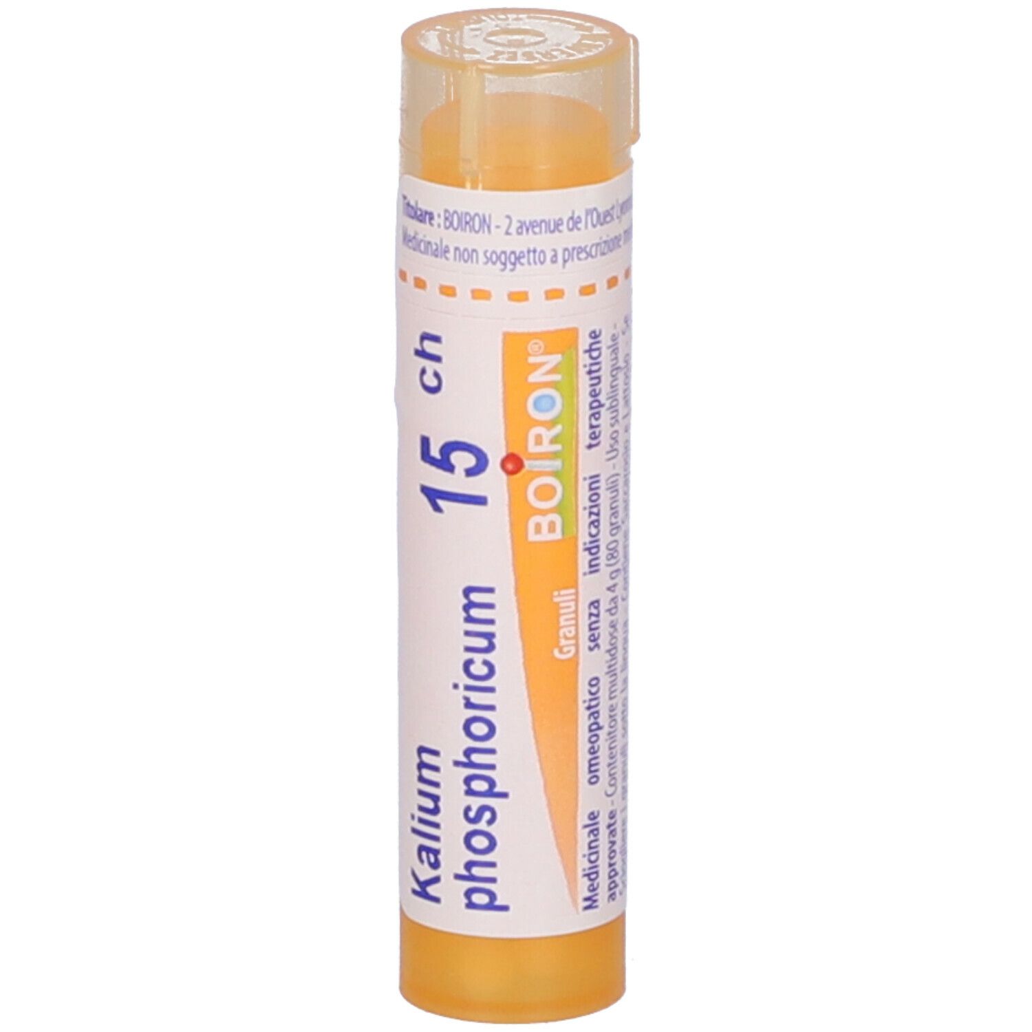 Confezione cilindrica gialla con testo bianco. Nome del prodotto e marchio BOIRON visibili.