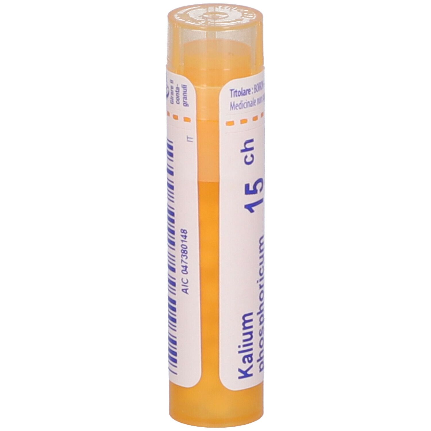 Confezione cilindrica gialla con testo bianco. Nome del prodotto e marchio BOIRON visibili.