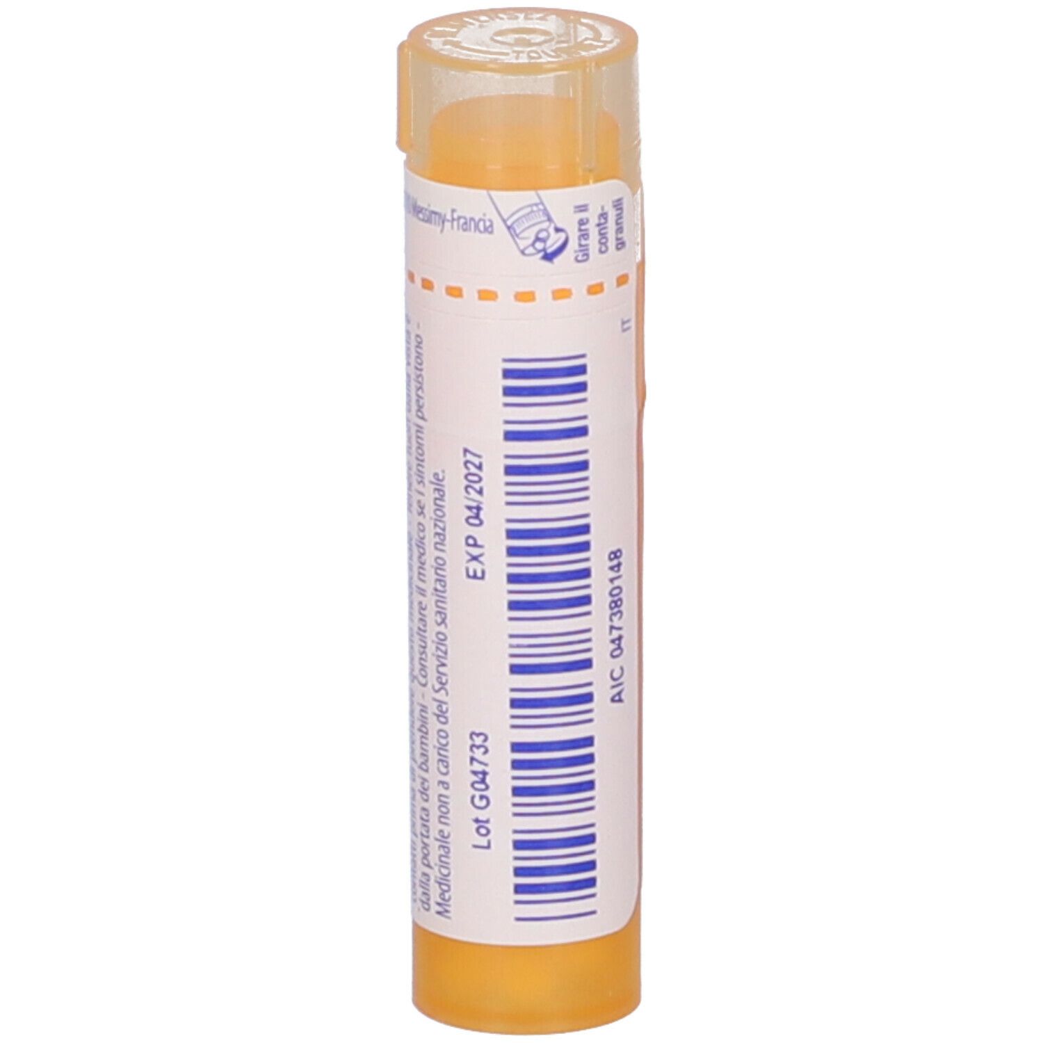 Confezione cilindrica gialla con testo bianco. Nome del prodotto e marchio BOIRON visibili.