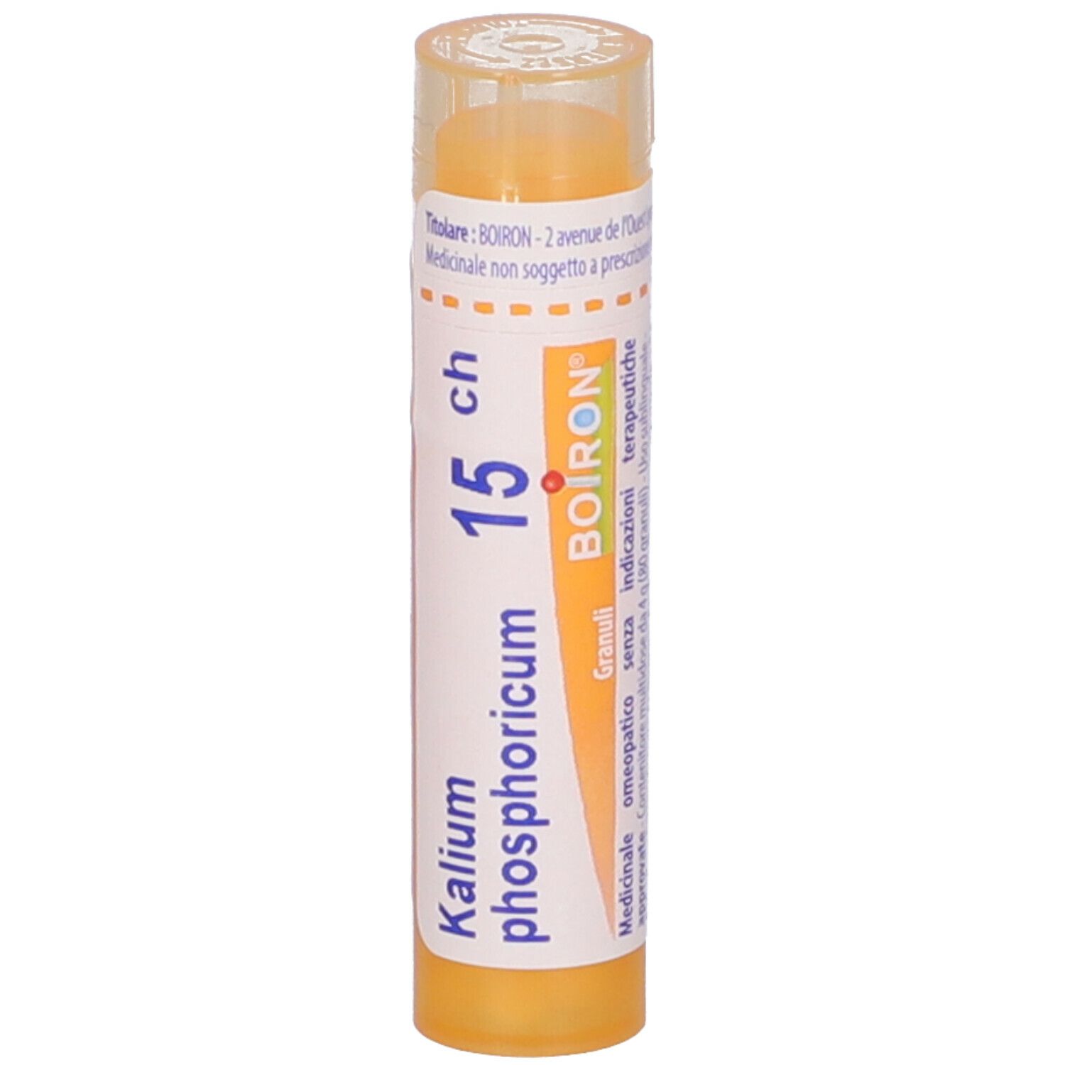 Confezione cilindrica gialla con testo bianco. Nome del prodotto e marchio BOIRON visibili.