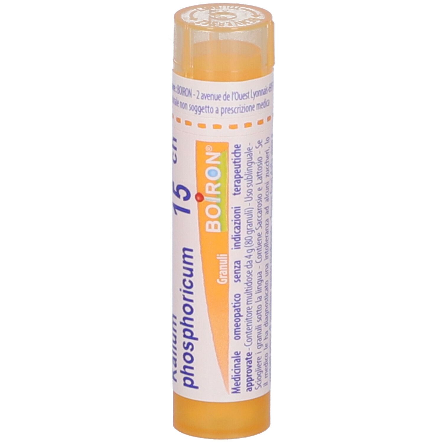 Confezione cilindrica gialla con testo bianco. Nome del prodotto e marchio BOIRON visibili.