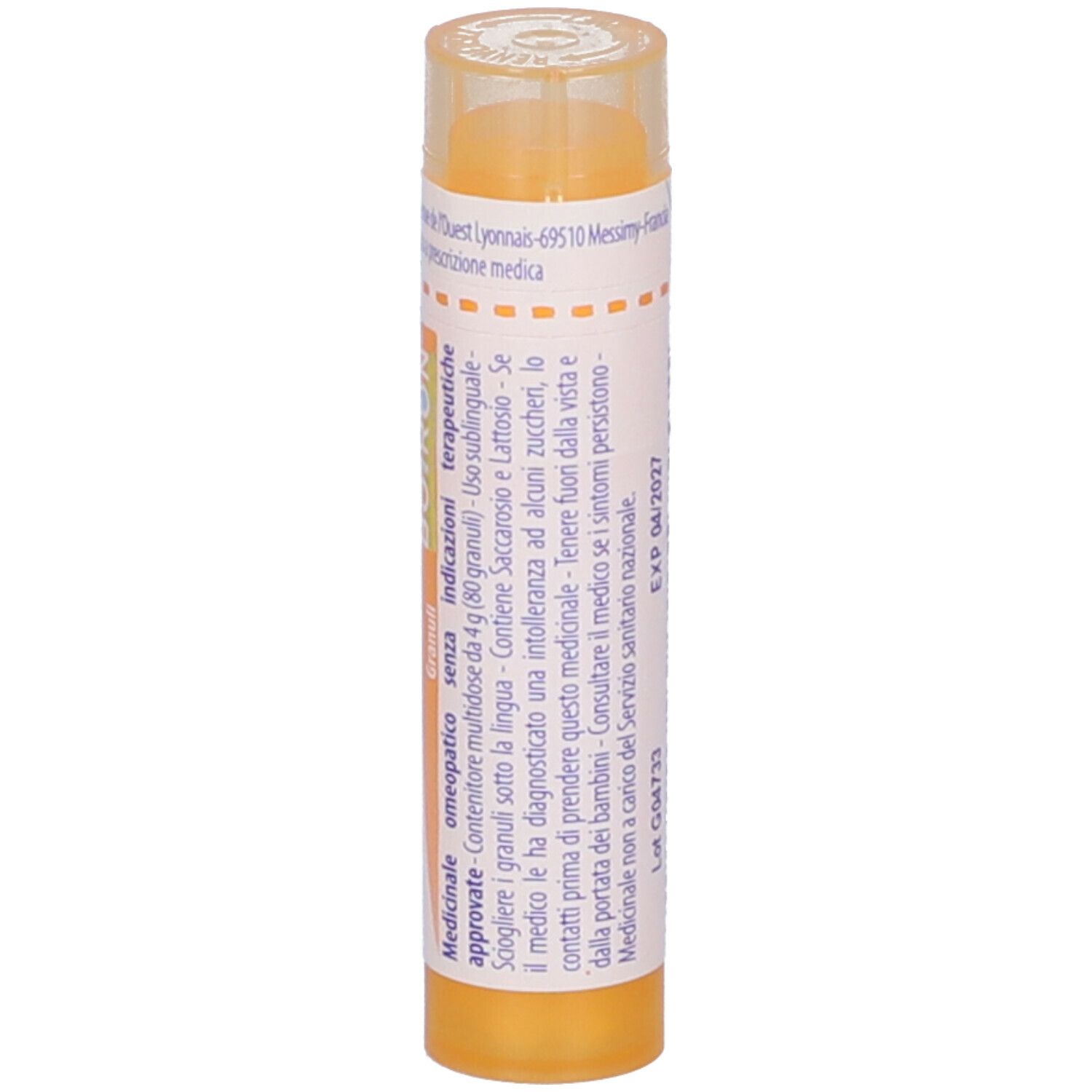 Confezione cilindrica gialla con testo bianco. Nome del prodotto e marchio BOIRON visibili.