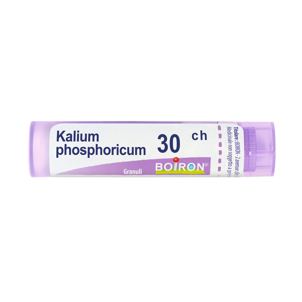 Confezione cilindrica con 'Kalium phosphoricum 30 ch' e 'BOIRON'. Tappo e testo viola.