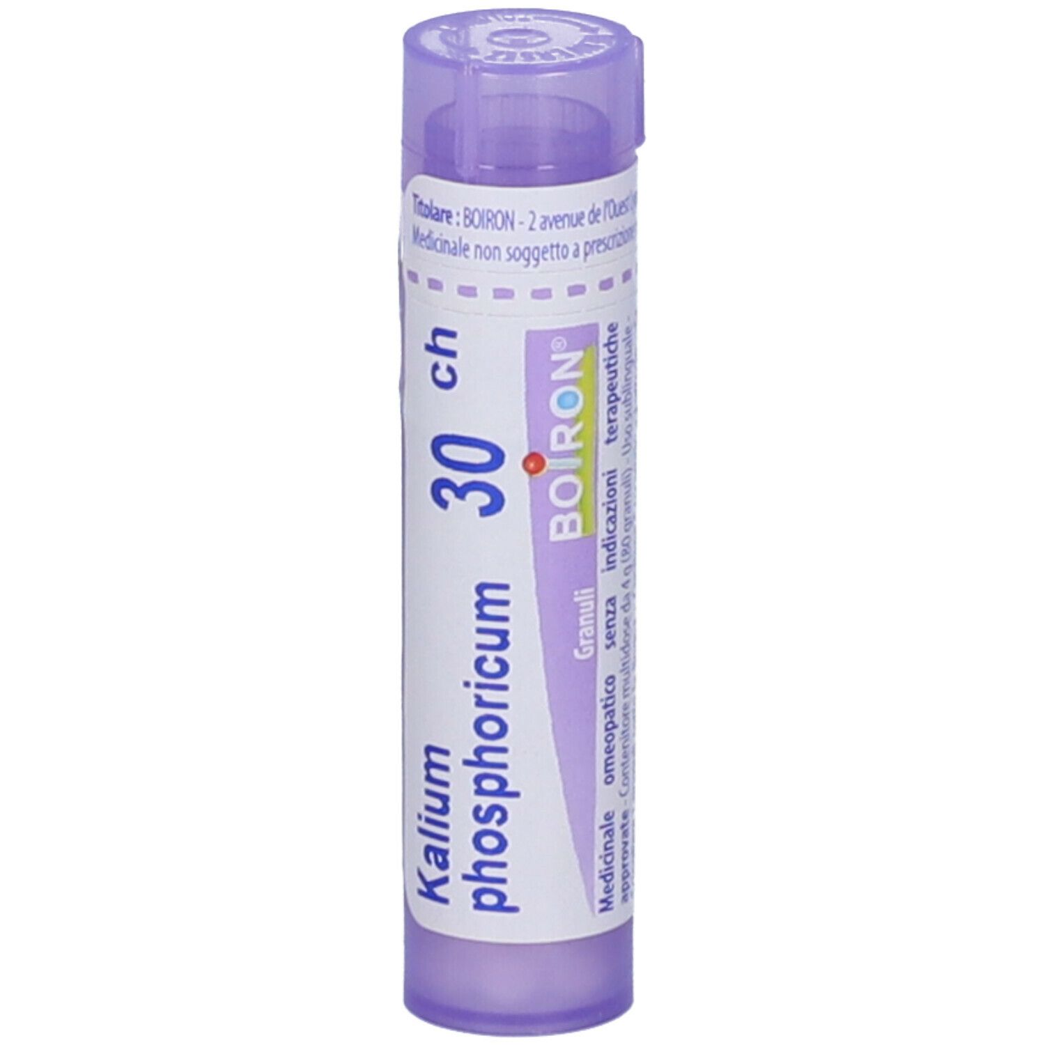 Confezione cilindrica 'Kalium phosphoricum 30 ch' di BOIRON. Tappo e testo viola su etichetta bianca.