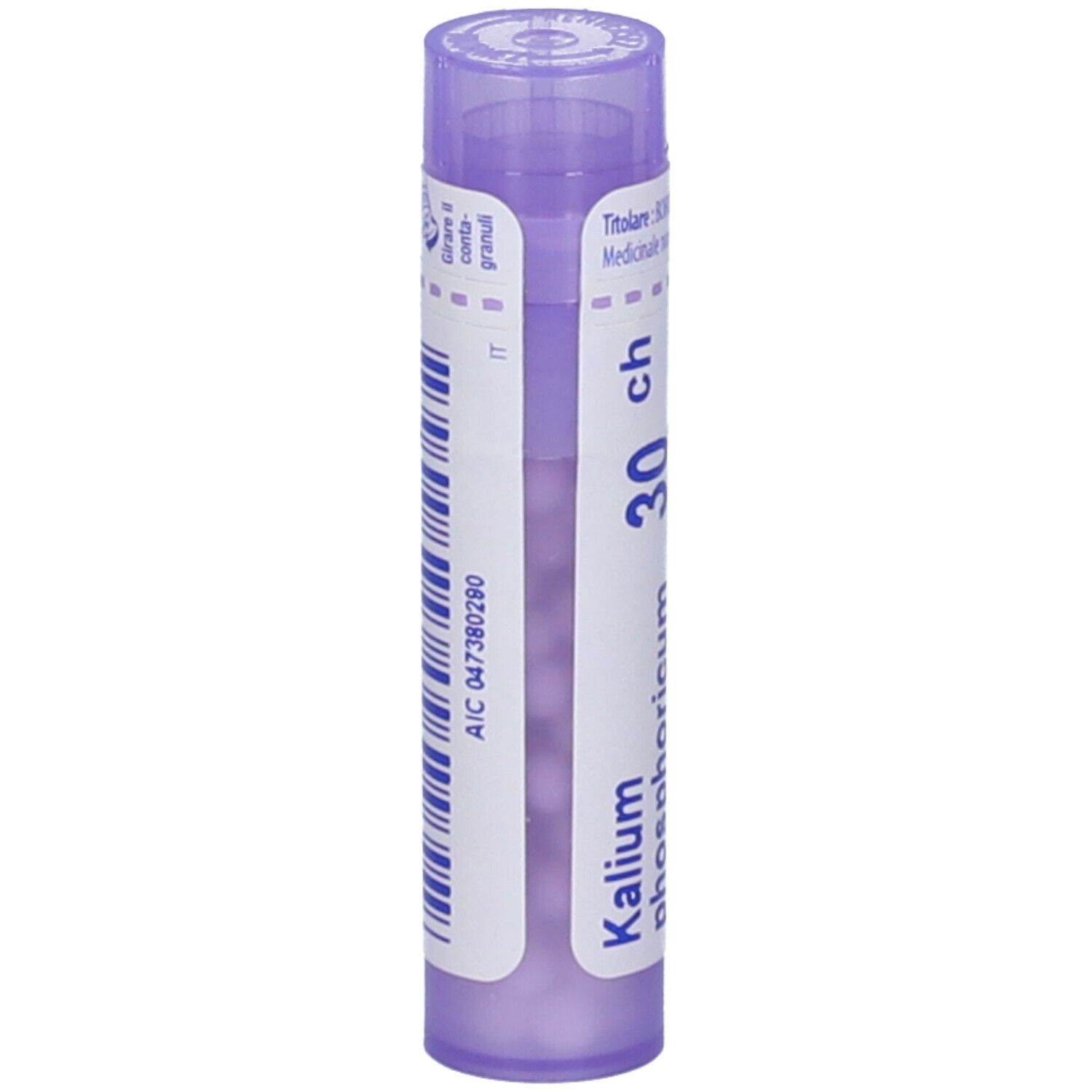 Confezione cilindrica 'Kalium phosphoricum 30 ch'. Etichetta bianca con testo e codice a barre. Tappo viola.